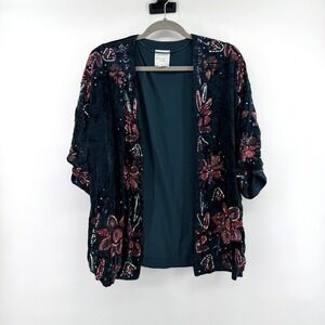 A Picture's Worth Kimono Sequin Beaded Velvet L Teal Oversized Boho